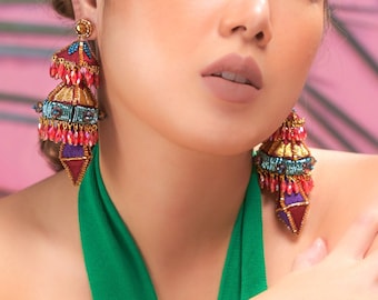 Unique Kundan Statement Earrings, MOROCCO EARRINGS, Around The World Collection, Maroon Red Statement Umbrella Earrings