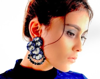 Big Blue Flower Chandelier Statement Earrings, Midnight Blue FLOWER GARDEN EARRINGS, Unique Retro Flower Jewellery