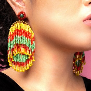 METEOR SHOWER EARRINGS in Jamaican, Statement Fringe Earrings in Red, Green and Yellow, Brazilian Earrings for Everyday Wear image 3