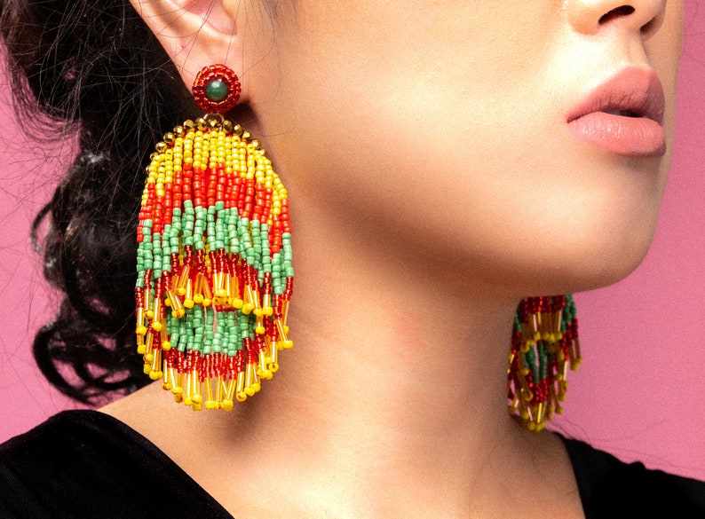 METEOR SHOWER EARRINGS in Jamaican, Statement Fringe Earrings in Red, Green and Yellow, Brazilian Earrings for Everyday Wear image 3
