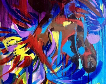 DEEPSTATE Pintura abstracta original de mujer, obra de arte de pájaros coloridos, arte figurativo contemporáneo, retrato femenino expresionista, declaración vibrante