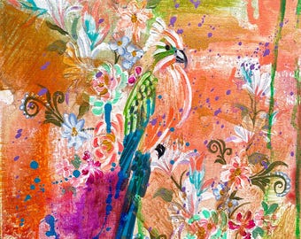 JUST PEACHY Pintura original de pájaros, arte mural floral tropical, obra de arte botánica contemporánea, decoración colorida de la naturaleza