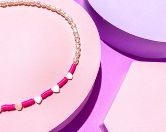 Hot Pink Retro 90s Beaded Choker, PINK WEDNESDAYS NECKLACE with Mother-of-Pearl Hearts and Freshwater Pearls