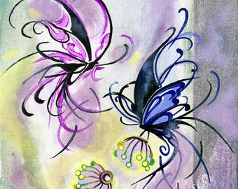 FLUTTER Pintura original de mariposa, arte en lienzo acrílico, decoración de pared con mariposas caprichosas, obra de arte contemporánea y colorida inspirada en la naturaleza.