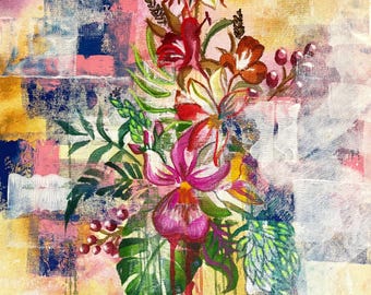 TARDE NEBLINA Pintura floral original, arte botánico para pared, obra de arte floral abstracta contemporánea, decoración onírica de la naturaleza