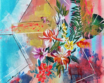 CUATRO ESTACIONES Pintura floral tropical original, arte botánico para pared, obra de arte floral abstracta contemporánea, decoración colorida de la naturaleza