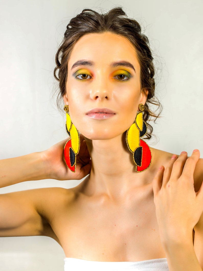 80's Red and Yellow Earrings, CRESCENT EARRINGS in Sunrise, Big Casual Earrings for Everyday