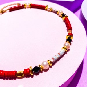 Retro Red Choker Necklace, GROOVY SCARLET NECKLACE with Imperial Jasper and Pearls, Casual Everyday Jewelry