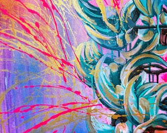 ELECTRIC VINES Pintura original de enredaderas de jade, arte mural botánico tropical, obra de arte floral abstracta contemporánea