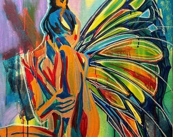 BECOMING Original Butterfly Woman Painting, Arte Figurativo Contemporáneo, Arte Mural Fantástico, Obra de Arte de Transformación Colorida