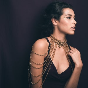 Gold Crystal Layered Shoulder Jewellery, Gold Luxury Shoulder Necklace w/ Citrine Stones, GOLD CASCADE Layered Crystal Shoulder Chain image 6