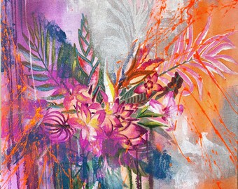 OLA DE CALOR Pintura floral tropical original, arte mural botánico abstracto contemporáneo, obra de arte llamativa y colorida