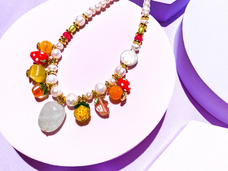 Summer Fruit Pearl Necklace, FRUIT FIESTA NECKLACE with Handblown Lampwork Beads and Freshwater Pearls, Tropical Everyday Pearl Necklace image 5