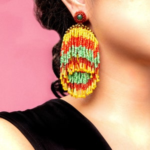 METEOR SHOWER EARRINGS in Jamaican, Statement Fringe Earrings in Red, Green and Yellow, Brazilian Earrings for Everyday Wear image 5