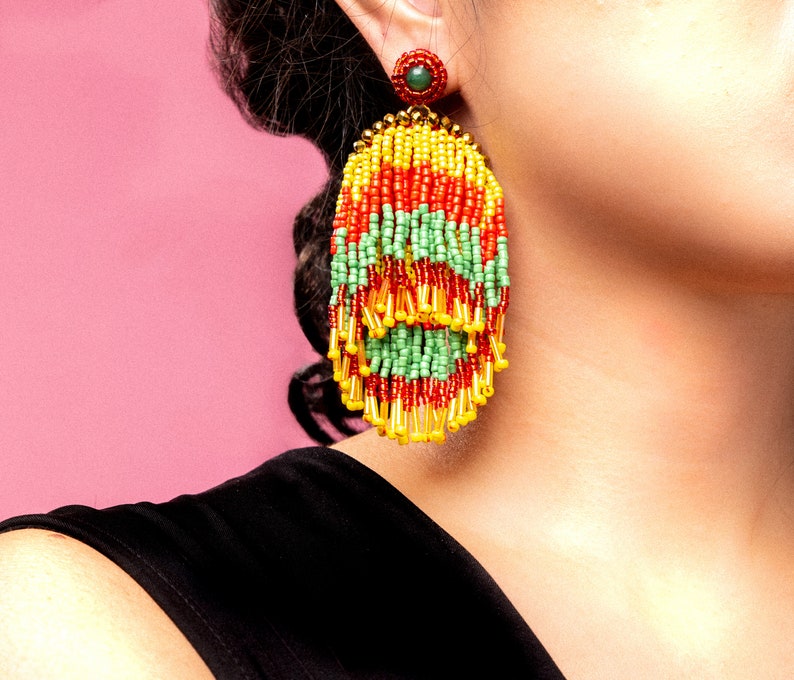 METEOR SHOWER EARRINGS in Jamaican, Statement Fringe Earrings in Red, Green and Yellow, Brazilian Earrings for Everyday Wear image 5