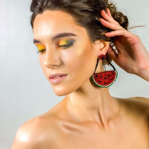 Big WATERMELON EARRINGS, Red Statement FRUIT Earrings for Casual Everyday Wear, Unique Summer Jewellery