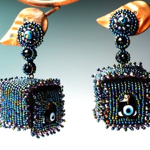 Birdcage Earrings, BLACKBIRD EARRINGS with Black Evil Eye Beads and Blue Malachite Stones, Collectible Earrings image 1