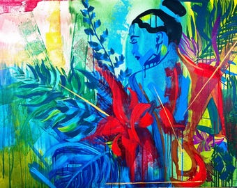 EVERSUMMER Pintura abstracta original de mujer, arte figurativo tropical, obra de arte contemporánea colorida, pintura de retrato botánico
