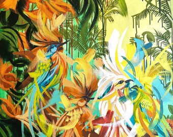 JUNGLE BELL ROCK Pintura original de aves tropicales, arte mural de aves coloridas, obra de arte de vida silvestre exótica, lienzo botánico de la jungla,