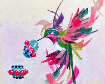 Cuando las flores se convierten en cuentas, pintura original de colibrí, obra de arte de aves coloridas, arte botánico caprichoso, pintura de naturaleza contemporánea