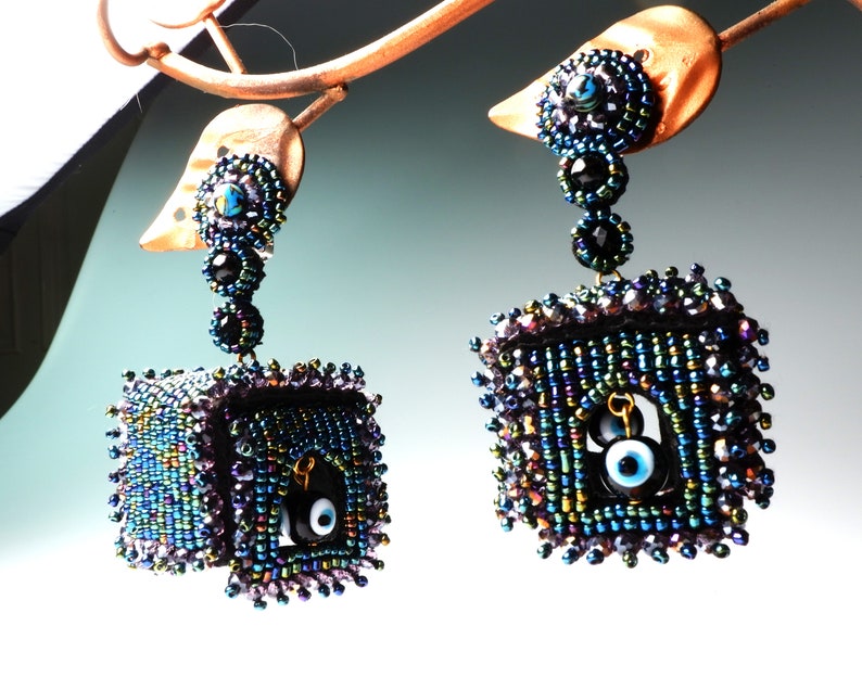 Birdcage Earrings, BLACKBIRD EARRINGS with Black Evil Eye Beads and Blue Malachite Stones, Collectible Earrings image 2