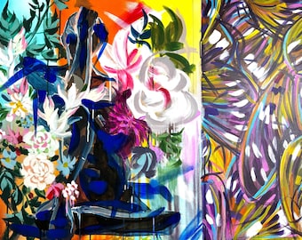 AFTERWILD Pintura abstracta original de mujer, arte mural de alas de mariposa, obra de arte floral colorida, arte figurativo contemporáneo