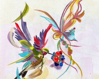 ATRAPADOS EN LA BRISA, Pintura de pájaros y mariposas, Arte original en acrílico sobre lienzo, Decoración de pared de naturaleza fantástica, Obra de arte colorida y caprichosa