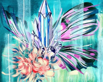 GEMHEART Pintura original de mariposa, obra de arte de alas de cristal, arte botánico abstracto, pintura de fantasía contemporánea, arte llamativo y colorido.