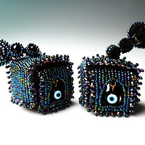 Birdcage Earrings, BLACKBIRD EARRINGS with Black Evil Eye Beads and Blue Malachite Stones, Collectible Earrings image 3
