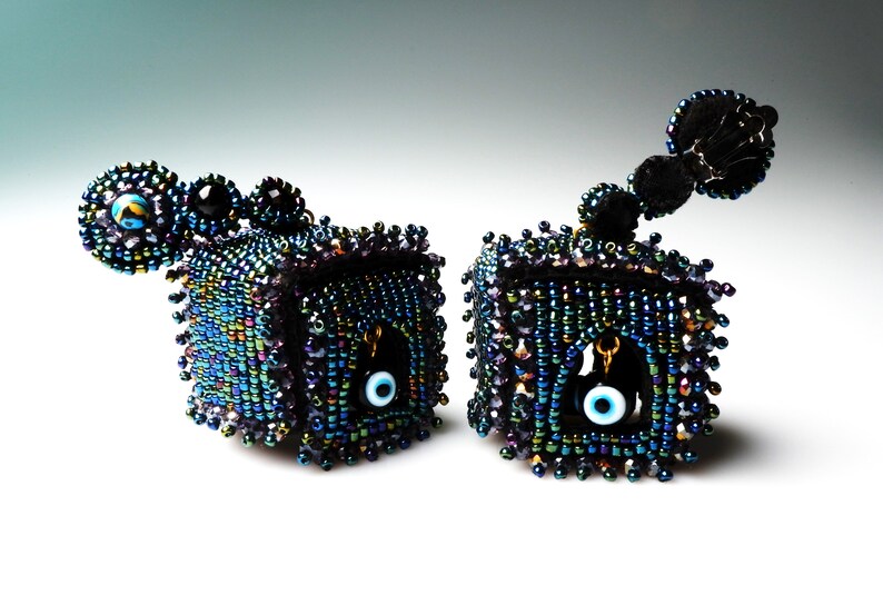 Birdcage Earrings, BLACKBIRD EARRINGS with Black Evil Eye Beads and Blue Malachite Stones, Collectible Earrings image 3