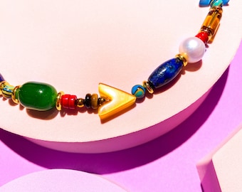 Retro Dance Club Necklace, BOOGIE NECKLACE with Lapis Lazuli and Miscellaneous Stones, Colorful 90s Necklace with a Twist