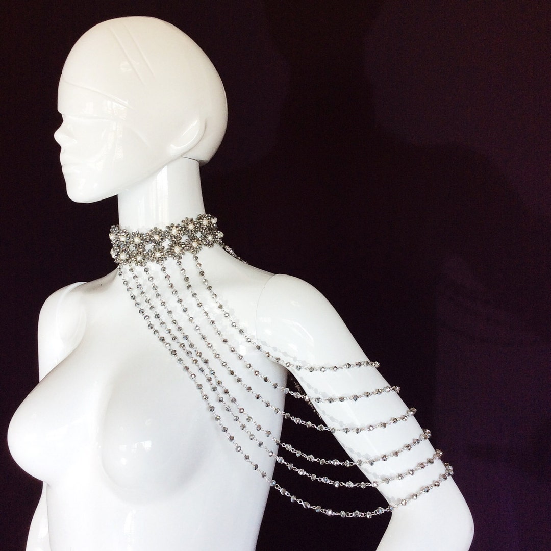 Silver Crystal Shoulder Jewelry W/ White Pearls Asymmetrical - Etsy