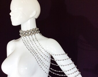 Silver Crystal Shoulder Jewelry w/ White Pearls, Asymmetrical Silver Body Chain Jewelry, PRINCESS of MARRAKECH Moroccan Shoulder Jewelry