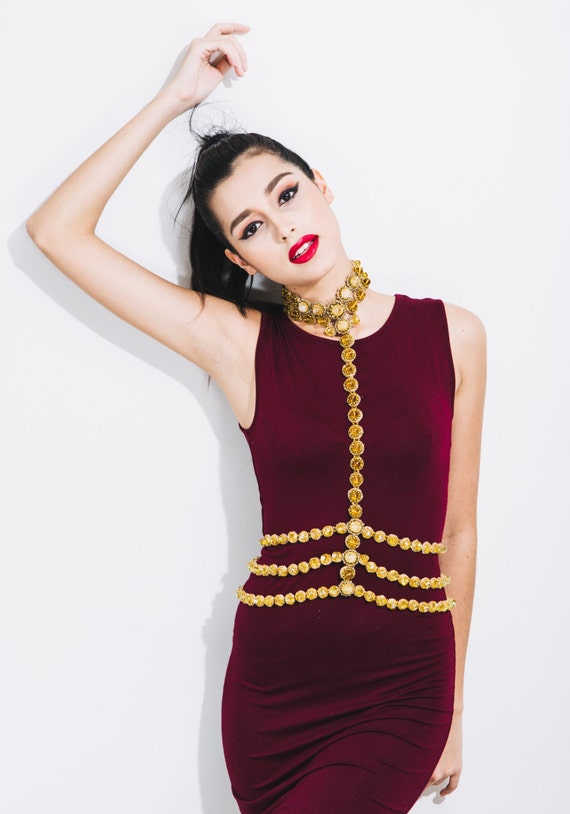 Gold Crystal Body Belt Jewelry With Citrine Stones, GOLD  display picture 3