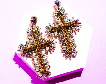 Silver and Gold Spiked Cross Earrings, TRUE FAITH EARRINGS, Gothic Earrings Jewellery