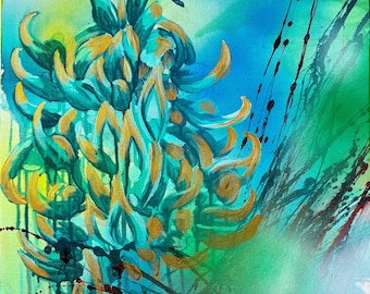 Pintura original de enredadera de jade JADED, arte mural botánico tropical, obra de arte floral contemporánea, pintura de naturaleza colorida