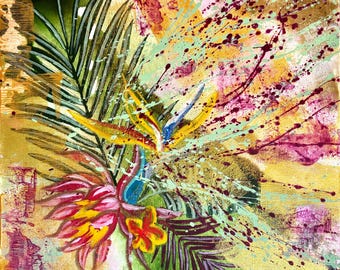 Pintura floral tropical original SUNLIT, arte mural de la hora dorada, lienzo de ave del paraíso, obra de arte botánica abstracta, decoración de la naturaleza
