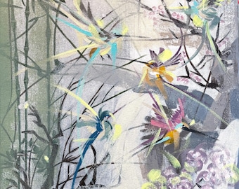 SANTUARIO II Pintura original de aves, arte de la naturaleza de inspiración asiática, arte mural de jardín oriental, pintura sobre lienzo de aves tropicales, vida silvestre botánica