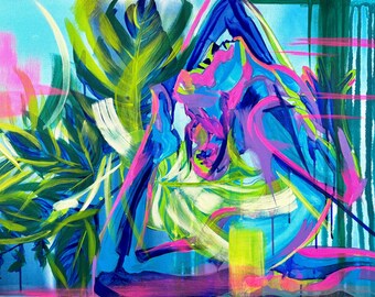 TECHNOHEART Pintura abstracta original de mujer, arte mural de yoga, pintura figurativa contemporánea, obra de arte botánica colorida, arte moderno y con personalidad.