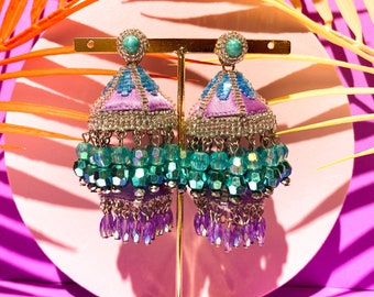 Purple and Aquamarine Balinese Earrings, ICE CANDY SAMSARA Statement Earrings with Retro Vinyl Beads, Big Candy Colored Cocktail Earrings