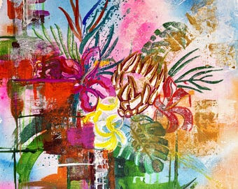 BESO DE VERANO Pintura floral tropical original, arte abstracto botánico para pared, obra de arte contemporánea y colorida sobre lienzo