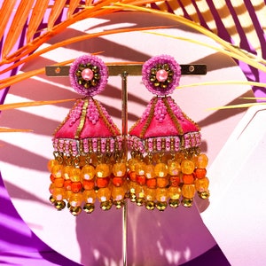 Hot Pink Boho Balinese Earrings, PINK SHIVA MARGARITA Statement Earrings with Retro Vinyl Beads, Tropical Pink and Orange Cocktail Earrings