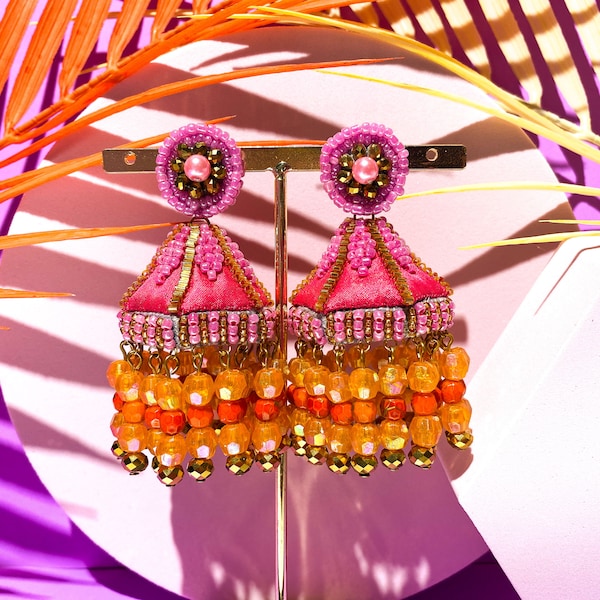 Hot Pink Boho Balinese Earrings, PINK SHIVA MARGARITA Statement Earrings with Retro Vinyl Beads, Tropical Pink and Orange Cocktail Earrings