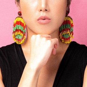 METEOR SHOWER EARRINGS in Jamaican, Statement Fringe Earrings in Red, Green and Yellow, Brazilian Earrings for Everyday Wear image 1