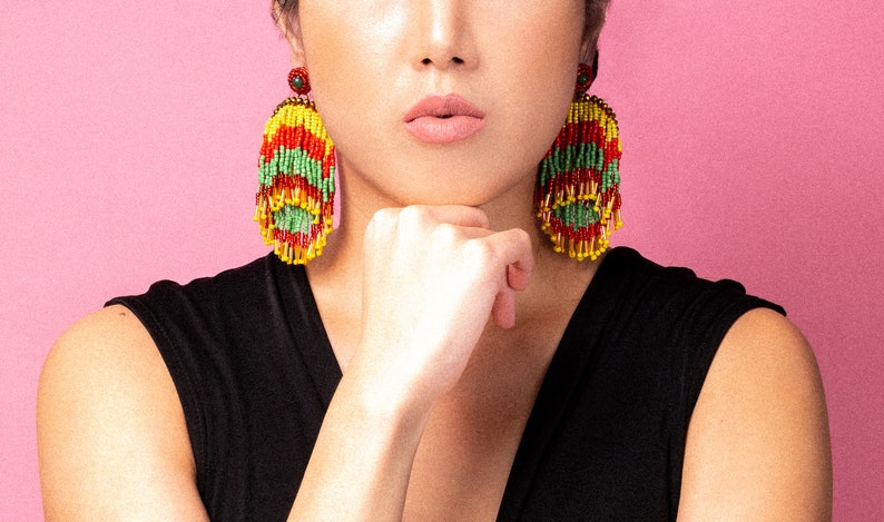 METEOR SHOWER EARRINGS in Jamaican, Statement Fringe Earrings in Red, Green and Yellow, Brazilian Earrings for Everyday Wear image 1