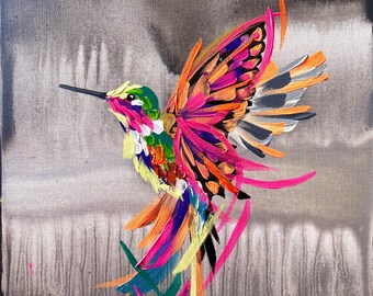 METAMORFOSIS DE UN PÁJARO, Pintura original de colibrí, Arte de mariposa, Decoración de pared en lienzo acrílico, Obra de arte colorida de fantasía natural