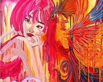 NIÑA Y EL FÉNIX Pintura figurativa original, Obra de arte del ave fénix, Arte mural de fantasía contemporánea, Pintura llamativa y colorida
