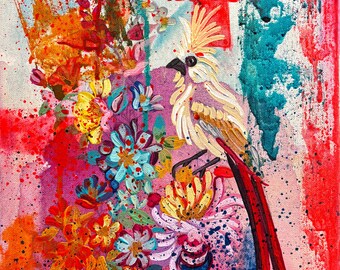 DISCOBIRD Pintura original de aves tropicales, arte mural floral colorido, obra de arte botánica contemporánea, arte de la naturaleza impactante