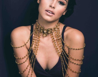 Joyas de hombro en capas de cristal de oro, collar de hombro de lujo de oro con piedras de citrino, cadena de hombro de cristal en capas de ORO CASCADE