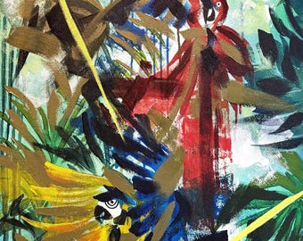 JUNGLE INTERRUPT Pintura original de guacamayo, arte mural de aves tropicales, colorida obra de arte de la selva, lienzo de vida silvestre exótica, naturaleza contemporánea